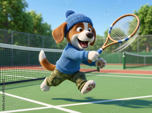Cute puppy playing tennis and hitting ball on outdoor court