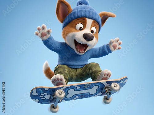 Cute puppy skateboarding jumping front view on blue background