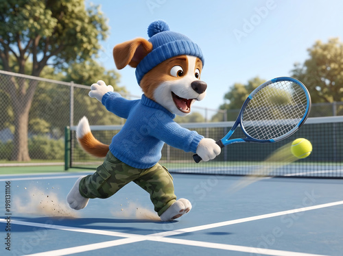 Cute puppy playing tennis running and hitting ball on outdoor court