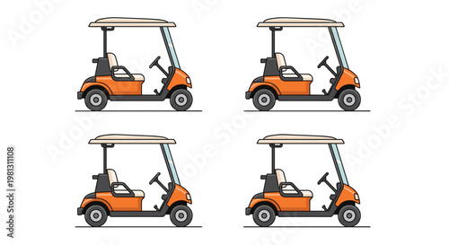 Four vibrant orange golf carts parked in a symmetrical grid formation on a pristine white surface with soft shadows and clean minimalist graphic design.