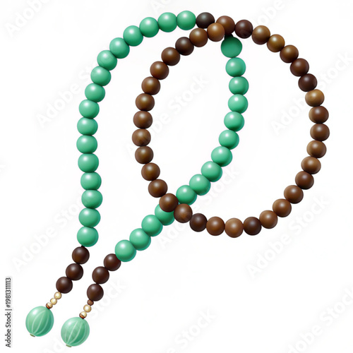 A beautiful mala bead necklace with turquoise and brown beads on a white background