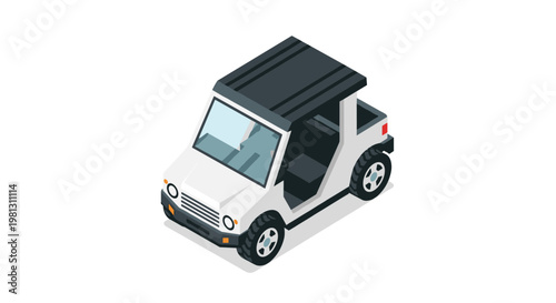 Compact white utility vehicle features a black roof and rugged tires in a clean isometric view presented against a stark plain white background surface.