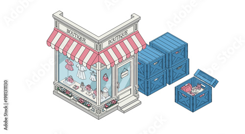 Charming isometric boutique shop features a striped awning and glass display windows alongside blue shipping crates in a clean minimalist illustration.