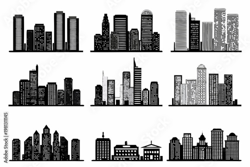 Black and white illustration of various city skylines and building designs