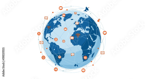 Global digital communication network displays interconnected continents with orange data icons and satellite links against a soft light blue background.