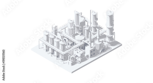 Dense isometric industrial complex showcases numerous vertical distillation columns and interconnected elevated walkways within a pristine white environment.