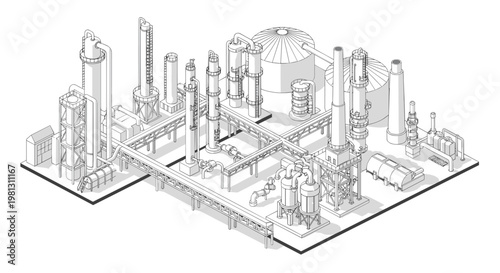 Detailed isometric refinery layout highlights complex overhead pipe bridges and large spherical storage vessels amidst multiple tall processing towers.