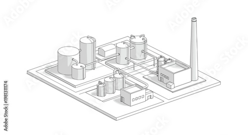 Minimalist isometric chemical processing plant features simplified cylindrical storage tanks and a single tall exhaust stack in a clean white setting.