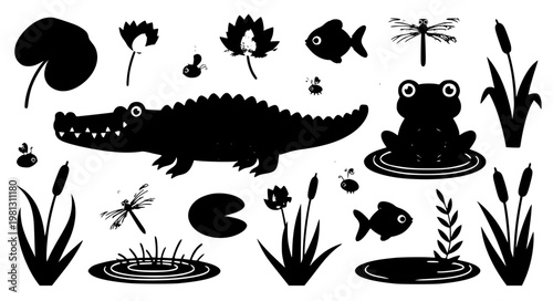 Cute swamp pond animals flat cartoon vector set crocodile frog EPS10 isolated on white