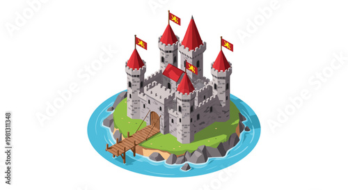 Majestic isometric castle situated on a small green island surrounded by blue water featuring red roofs and flags with a wooden drawbridge entrance.