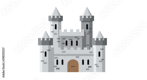 Sturdy grey stone castle featuring two tall towers and a central wooden gate with crenellated walls depicted in a clean flat graphic design illustration.