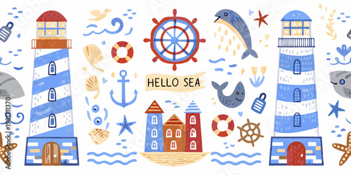 Colorful nautical themed illustration featuring lighthouses whales and sea elements