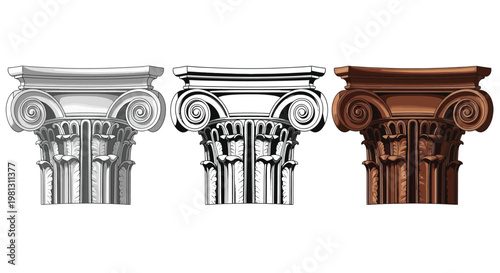 A comparative illustration displaying three variations of a classical ionic order column capital