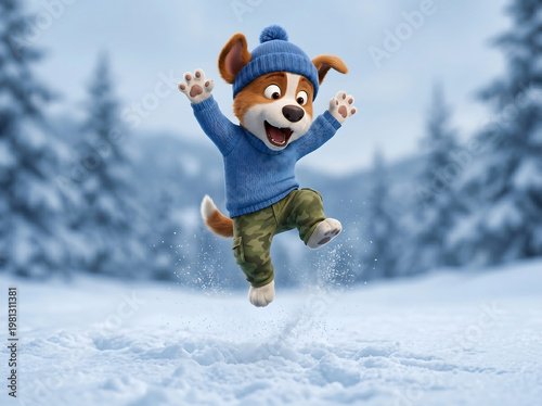 Cute puppy jumping in snow during winter in snowy forest