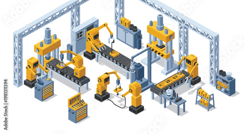 Industrial automated factory floor featuring yellow robotic arms performing precise assembly tasks within a spacious metal structure under bright lighting.