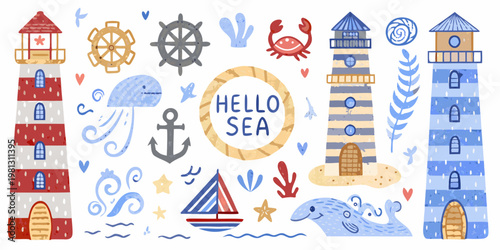 Colorful nautical illustration featuring lighthouses sea creatures and maritime elements