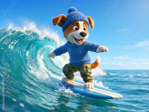 Cute puppy surfing on ocean wave in summer