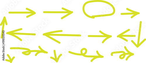 Collection of various yellow hand drawn arrows on white background for direction navigation or movement indication