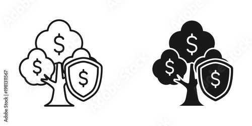 Growth and security of investments illustrated through trees and shields with dollar signs