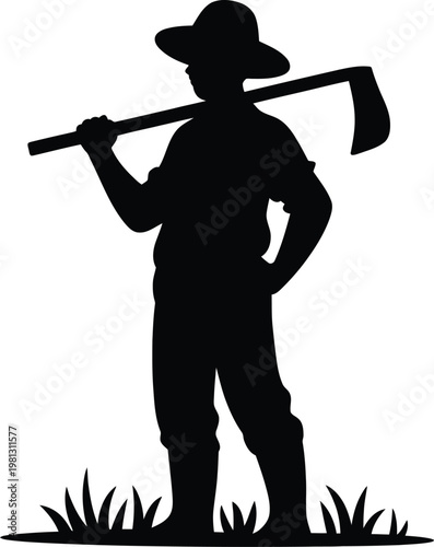 Farmer Silhouette Carrying Hoe on Shoulder Standing in Field Agriculture Concept