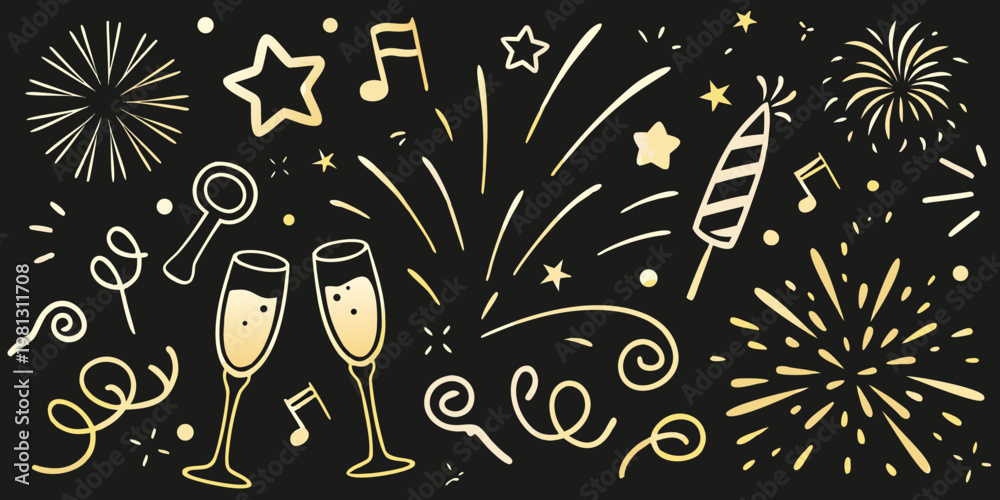 Fototapeta premium Golden new year s eve doodles featuring fireworks champagne and musical notes