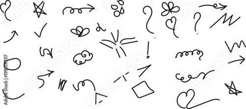 Hand drawn doodle symbols and arrows on white background