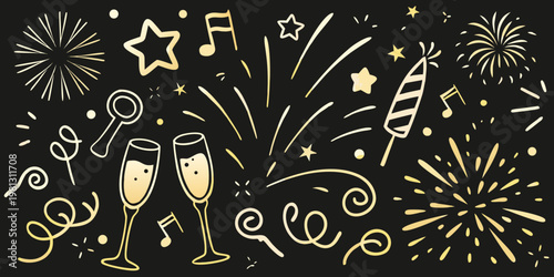 Golden new year s eve doodles featuring fireworks champagne and musical notes