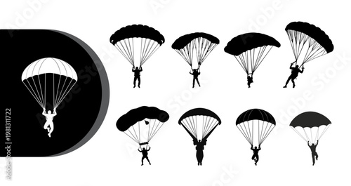 A collection of black and white silhouettes of people parachuting in various poses