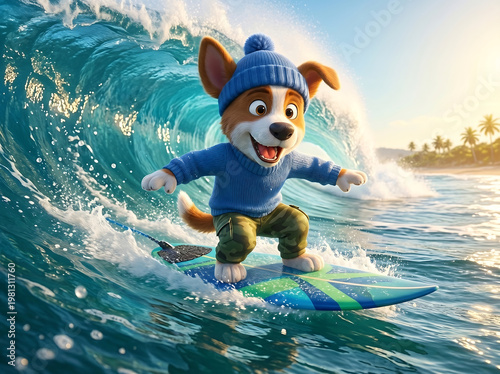 Cute puppy surfing on ocean wave at sunset in summer