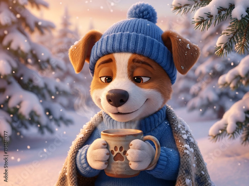 Cute puppy holding hot drink in snowy forest during winter evening