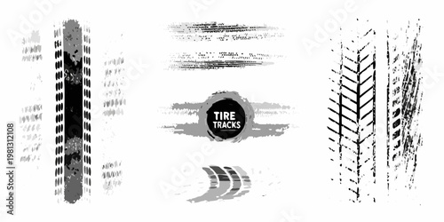 Collection of various tire track impressions in grayscale tones