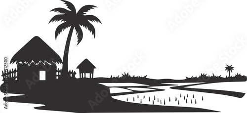 A serene tropical island with a hut and palm tree in silhouette