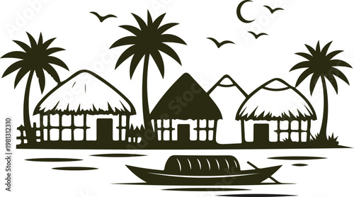 A serene tropical village at dusk with a boat on calm waters