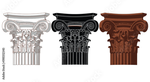 Three representations of a classical ionic order capital grayscale outline and color
