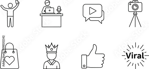 Influencer and social media icons vector set with blogger camera video like viral and content creation symbols outline