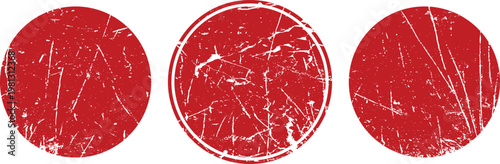 Obraz na płótnie Three red circular rubber stamp textures with distressed grunge scratches and wo