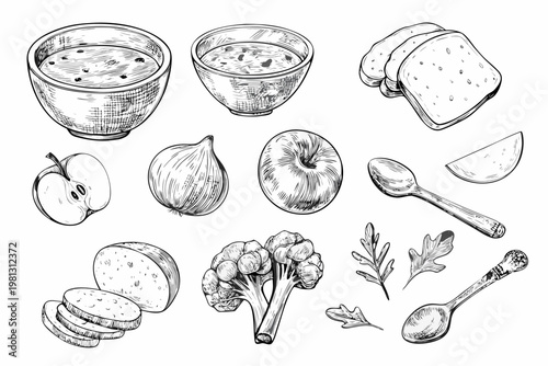 Hand drawn sketch of soup bread fruits vegetables and cooking utensils