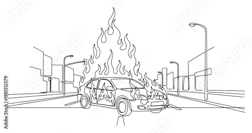 Burning car on city street one line drawing continuous line art vehicle fire emergency road accident minimalist vector illustration