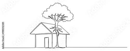 Tree growing through house roof one line drawing nature reclaiming architecture concept continuous line art minimalist vector