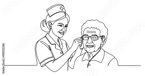 Nurse caring for elderly woman one line drawing continuous line art caregiver helping senior patient with glasses minimalist healthcare vector