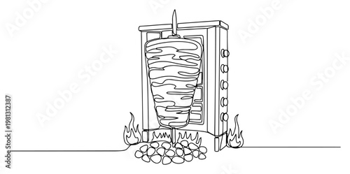 Doner kebab meat on grill spit one line drawing continuous line art fast food restaurant concept minimalist vector illustration