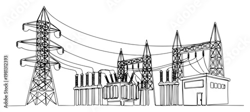 Electric power substation and pylons one line drawing energy grid infrastructure continuous line art minimalist industrial vector