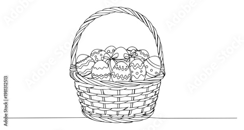 Easter eggs in wicker basket one line drawing continuous line art spring holiday celebration decoration minimalist vector illustration