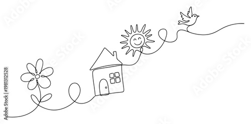 Happy home and nature concept one line drawing continuous line art with flower house sun and bird minimalist vector doodle