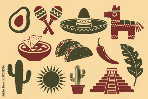 Collection of mexican cultural and food in a flat, stylized including sombrero, pinata, tacos, and cacti