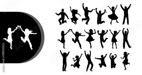 A group of joyful people jumping and celebrating in black and white silhouettes