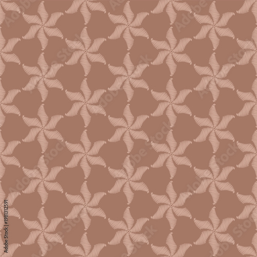 Seamless vector pattern featuring stylized six-petal floral motifs in a mocha mousse color palette. Each flower is composed of fine, hatched lines, giving the design a tactile, embroidered appearance.
