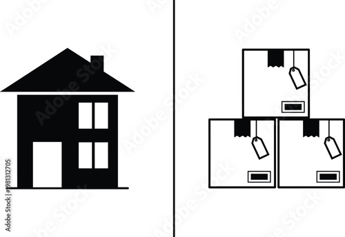Black silhouette icon of a two-story house next to a stack of three sealed cardboard boxes with tags, symbolizing moving, real estate, or relocation services.