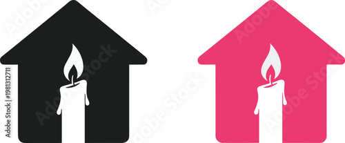 Dual-tone icons depicting a house silhouette containing a lit candle, presented in black and pink, symbolizing home comfort, safety, or a power outage situation.