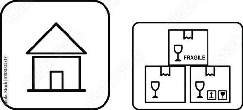 Outline icons of a house and a stack of three cardboard boxes labeled 'FRAGILE', indicating moving, shipping, and careful handling of goods.